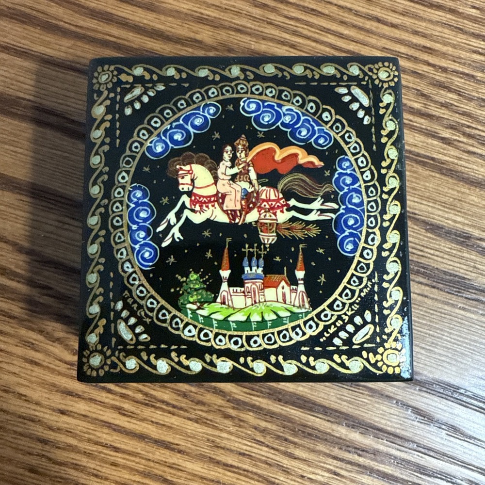 Vintage Russian Black Lacquer Wooden Double Deck Trinket Box Hand Painted